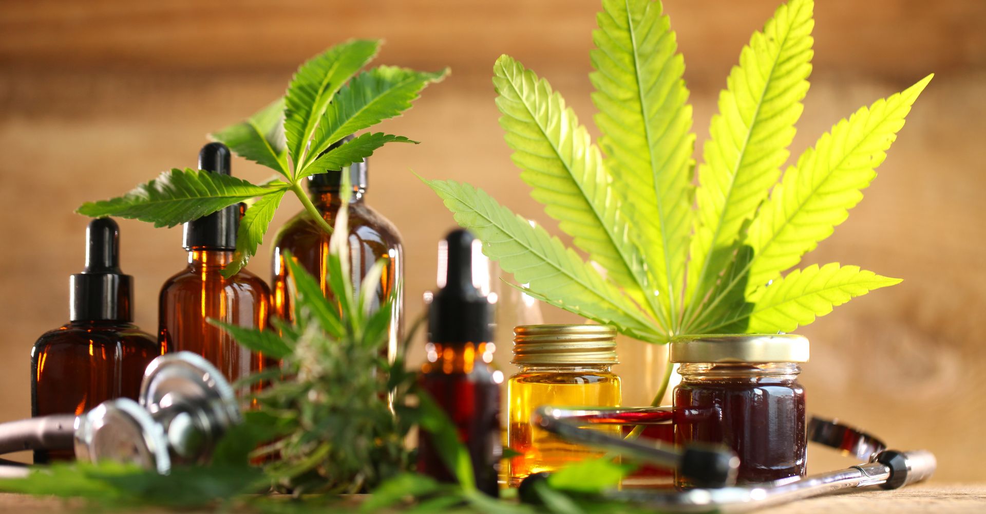 collection of hemp oil with hemp leaves